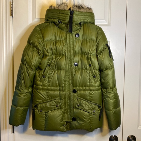 Eddie Bauer Green goose down coat with orange accent & fur trim. Women’s SM - Picture 1 of 9